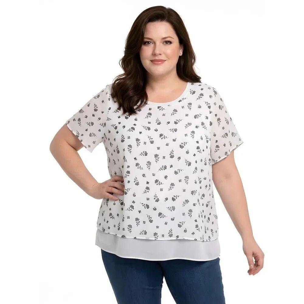 Hilary Radley White Floral Print Two-Layer Blouse Size XXL